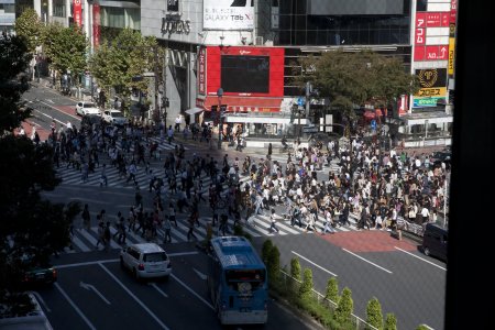 De drukste oversteekplaats ter wereld in de wijk Shibuya