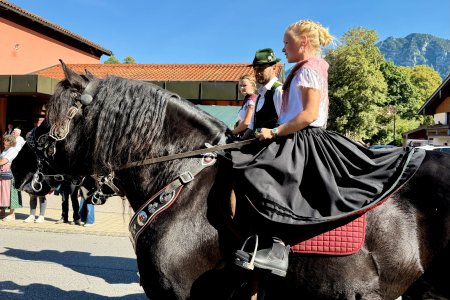 Een jonge dame met wijde rok op een enorm paard