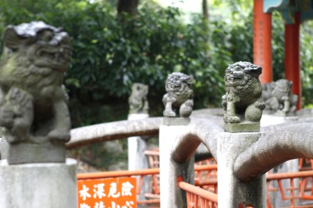 Chinese leeuwtjes op een bruggetje in een park
