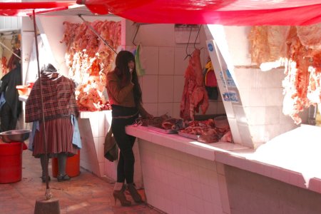 Een deftig meisje staat tussen het rauwe vlees op de lokale markt